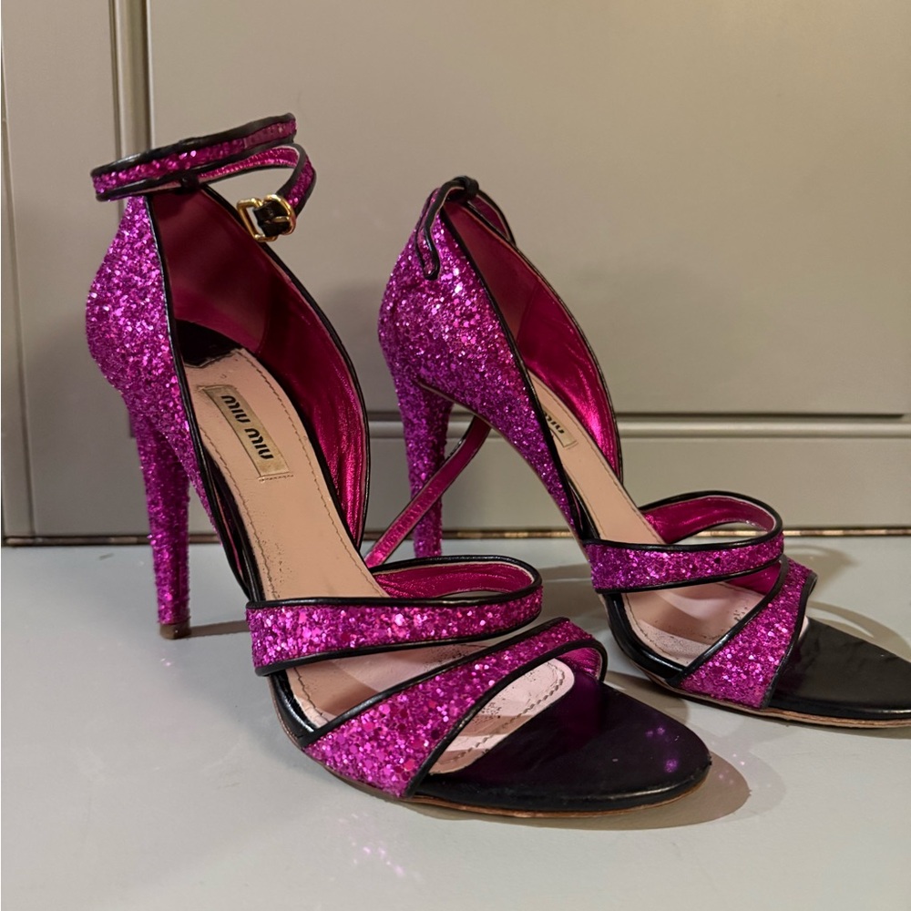 Miu Miu Fuchsia Glitter Strappy Heels